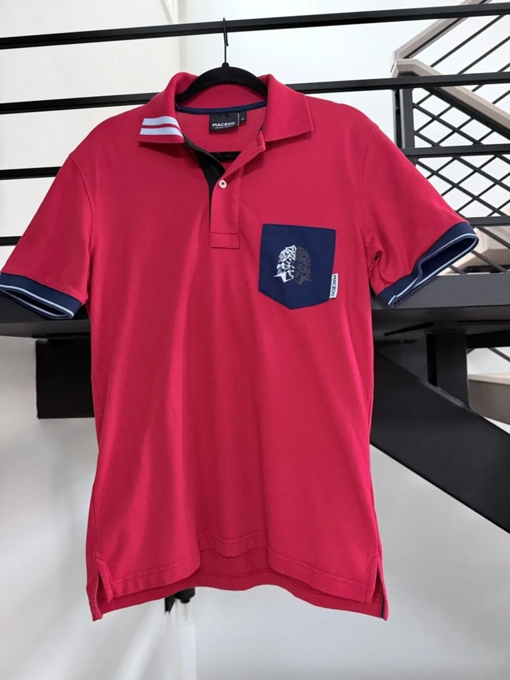 Men's Maceo Red Polo Shirt with Navy Pocket and lion 🦁 size S